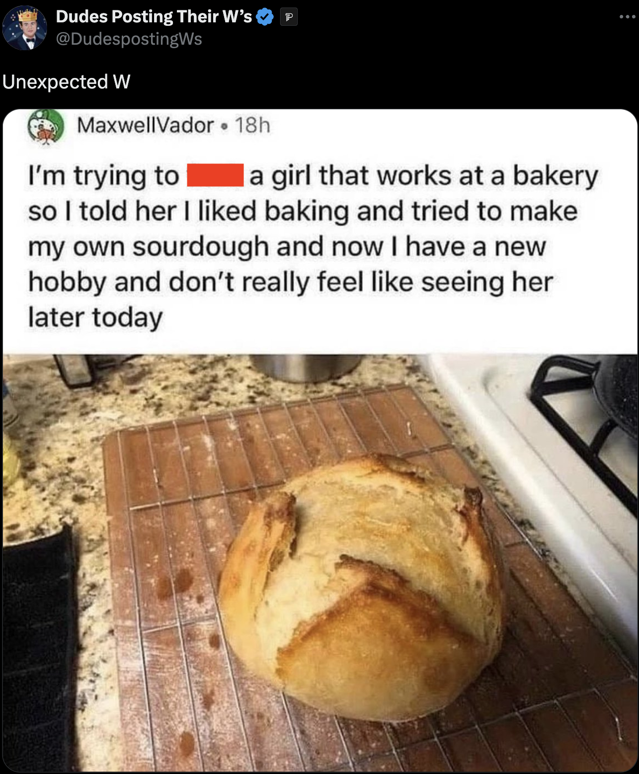 daily relatable memes - Dudes Posting Their W's Unexpected W MaxwellVador 18h I'm trying to la girl that works at a bakery so I told her I d baking and tried to make my own sourdough and now I have a new hobby and don't really feel seeing her later today